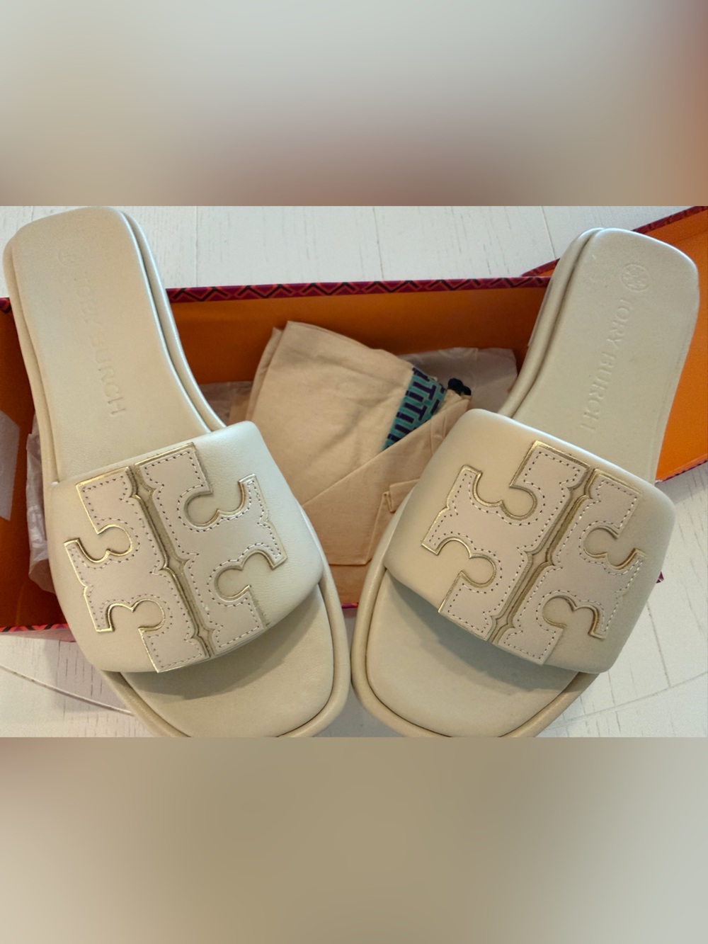 Tory Burch Ivory Logo Slide Sandals